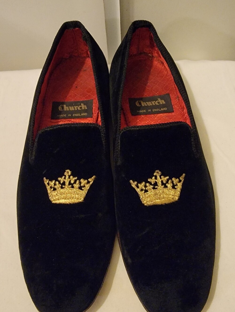 Church's Black Velvet Loafers with Gold Crown Embroidery